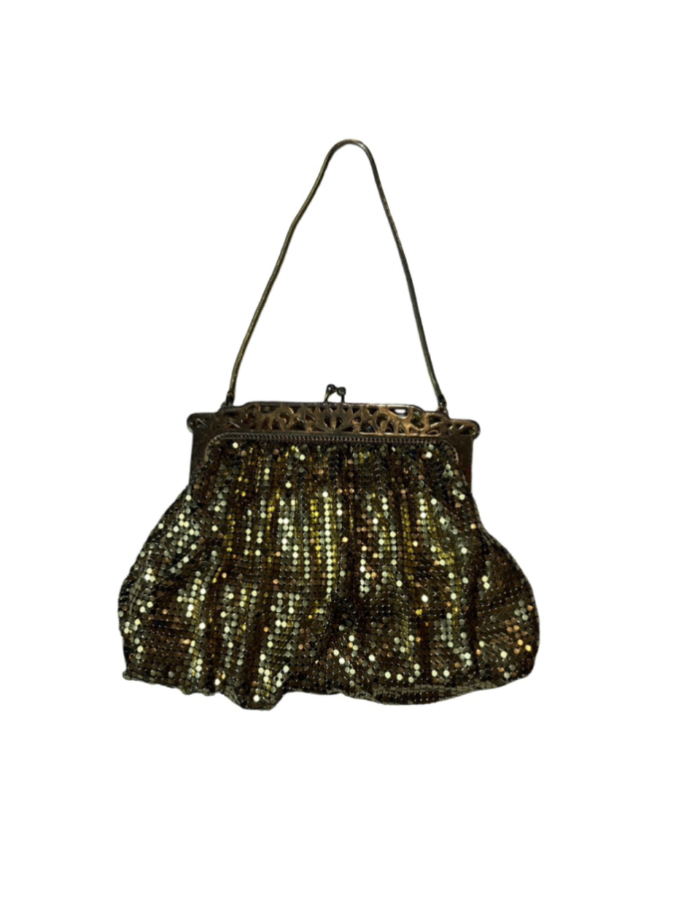 Vintage Whiting & Davis Gold Metal Mesh Evening Bag Filigree Frame flaw